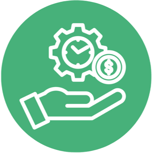 Hand mit Zahnrädern, Uhr und Münze als Symbol für effiziente Prozesse